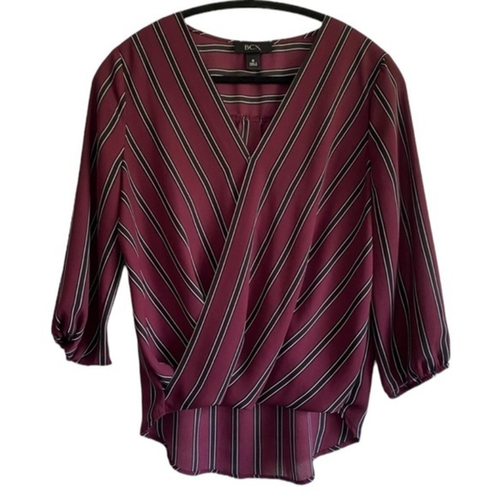 BCX Juniors Surplice Neckline Blouson-Sleeve Burgundy Navy White Stripes…